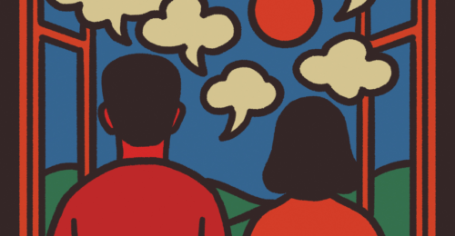 Mężczyzna i kobieta patrzą na horyzont. Zachodzi słońce. Rozmawiaja. Ilustracja Justyna Frąckiewicz