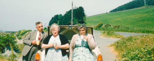 Three people enjoy a picnic next to a car