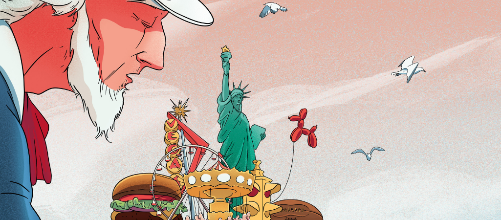 Ilustracja przedstawia dużą postać inspirowaną Wujem Samem, widoczną z profilu, ubraną w cylinder z gwiazdami oraz ubranie w kolorach czerwonym, białym i niebieskim. Postać trzyma na otwartej dłoni tacę, na której znajdują się miniaturowe symbole kultury amerykańskiej: Statua Wolności, diabelski młyn, karuzela, neonowy napis, hamburger oraz piłka do futbolu amerykańskiego. W powietrzu unoszą się ptaki i balon w kształcie zwierzęcia. Po prawej stronie, na skraju urwiska, stoi dziewczynką w czerwonej sukience wyciągająca rękę w stronę tacy. Całość utrzymana jest w pastelowej kolorystyce z jasnym, gradientowym tłem