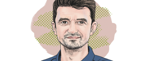 Ilustracja przedstawiająca dziennikarza Adriana Bąka