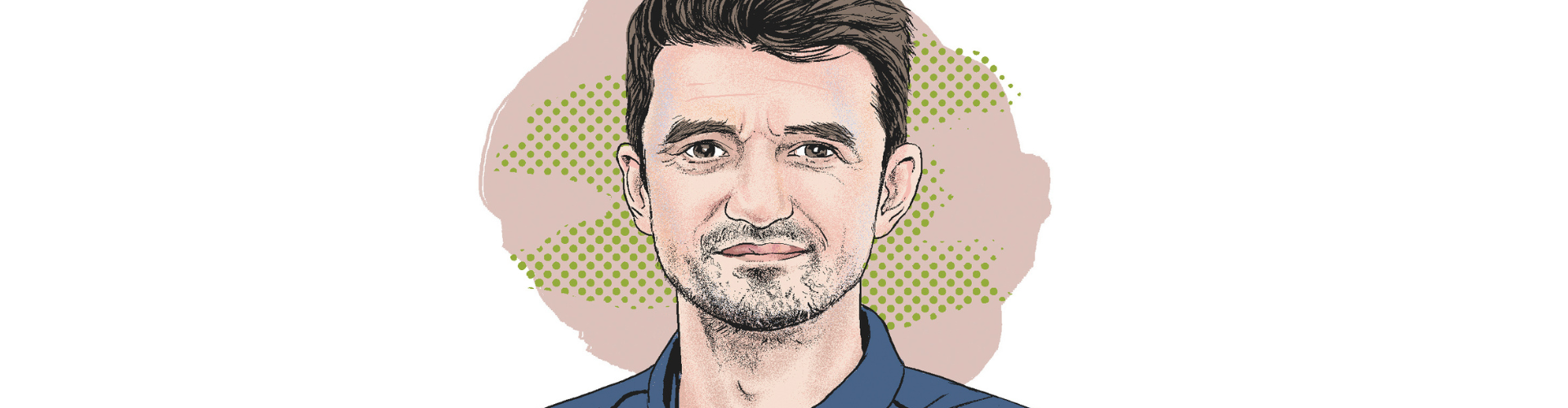 Ilustracja przedstawiająca dziennikarza Adriana Bąka
