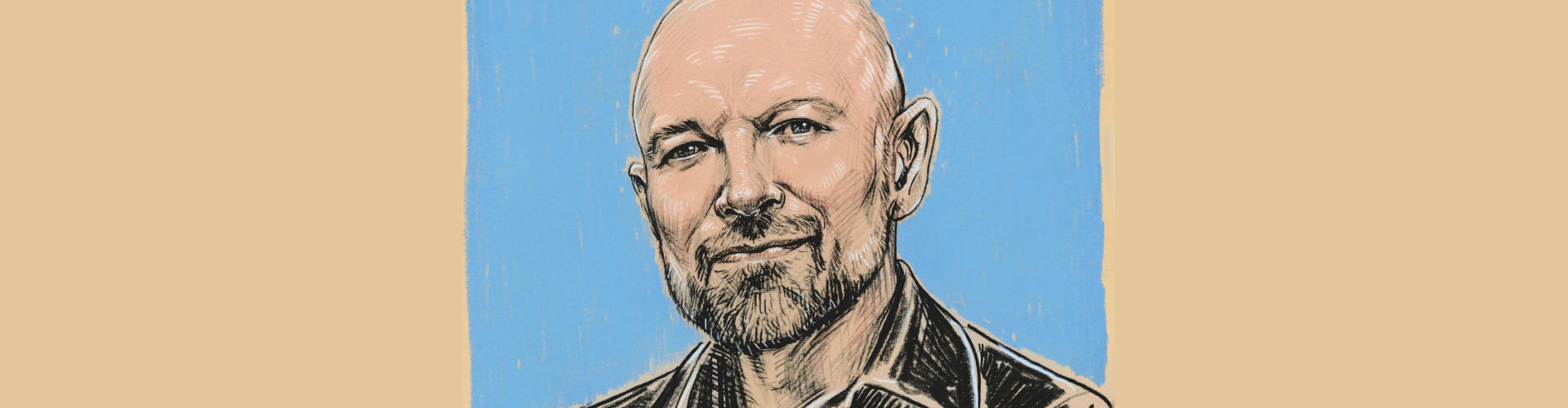 Ilustracja. Uśmiechnięty mężczyzna (Piotr Oczko) na niebiesko-beżowym tle. Jest ubrany w czarną koszulę. Ma lekki zarost.
